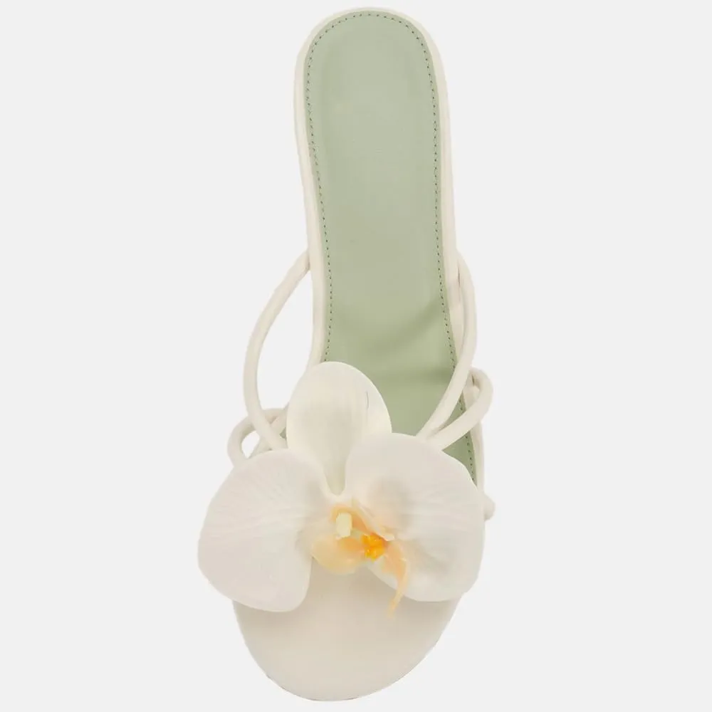YIYA Women's 3D Flower Strappy Kitten Heels Sandals Elegant Open Round Toe Slip On Slide Floral Slingback Mules Cute Wedding Vacation Party Summer Dress Shoes