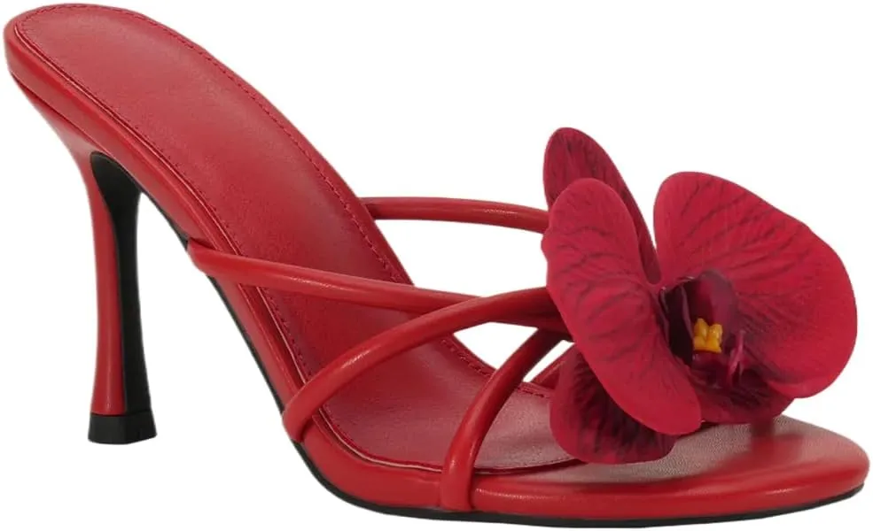 YIYA Women's 3D Flower Strappy Kitten Heels Sandals Elegant Open Round Toe Slip On Slide Floral Slingback Mules Cute Wedding Vacation Party Summer Dress Shoes
