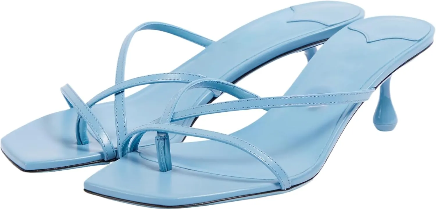 YIYA Women's Strappy Kitten Heels Flip Flops Thong Low Heeled Sandals Open Square Toe Slip On Slide Comfort Summer Dress Mules Shoes