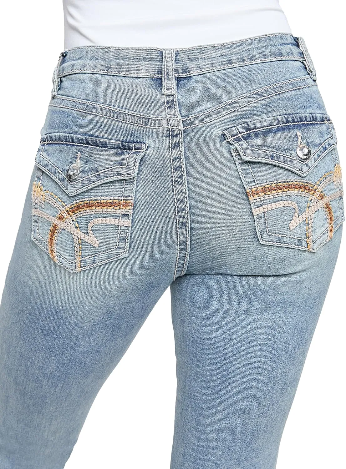 YMI Women's Mid Rise Heavy Stitch Bootcut Loop Studded Jeans