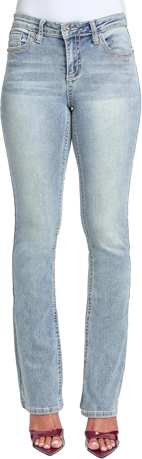 YMI Women's Mid Rise Heavy Stitch Bootcut Loop Studded Jeans