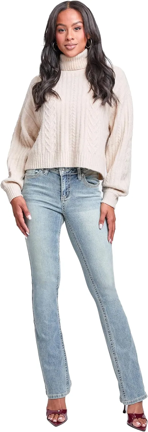 YMI Women's Mid Rise Heavy Stitch Bootcut Loop Studded Jeans