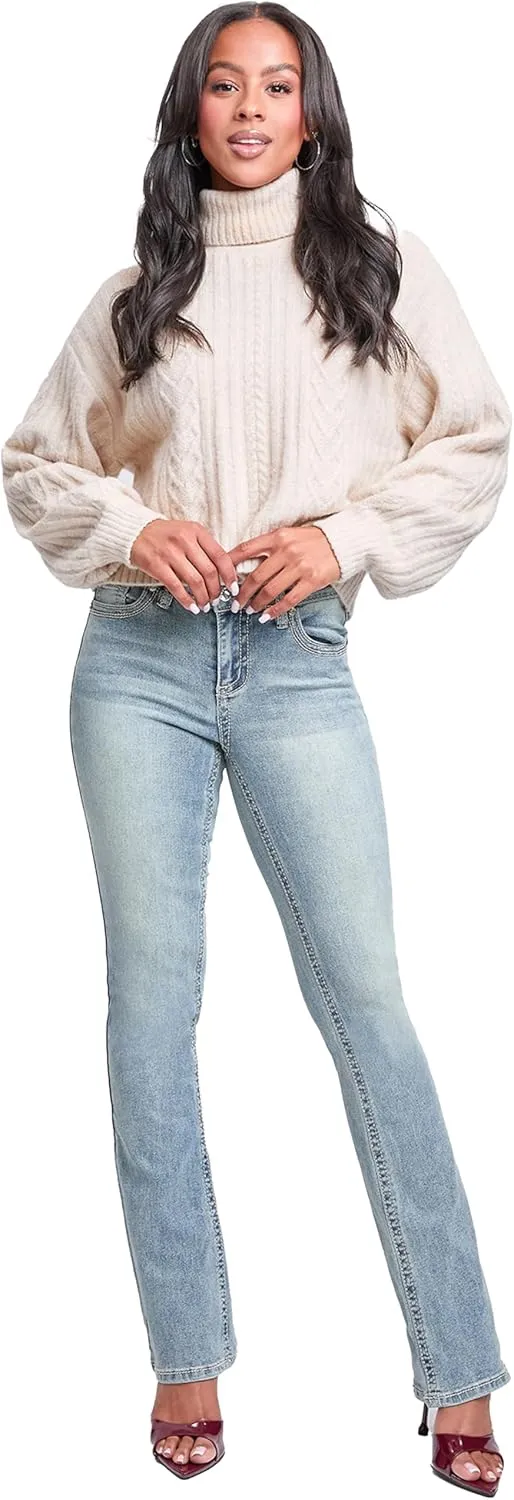 YMI Women's Mid Rise Heavy Stitch Bootcut Loop Studded Jeans