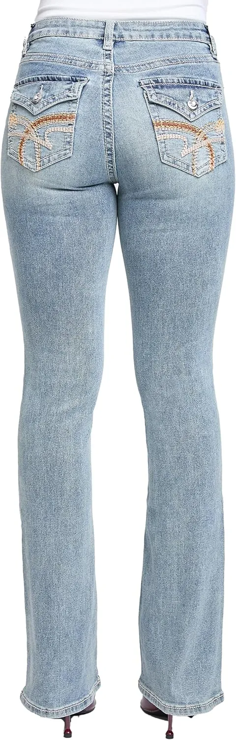 YMI Women's Mid Rise Heavy Stitch Bootcut Loop Studded Jeans