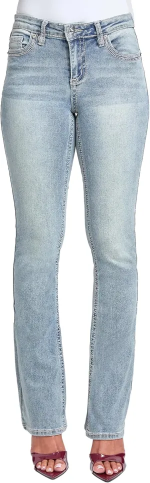 YMI Women's Mid Rise Heavy Stitch Bootcut Loop Studded Jeans