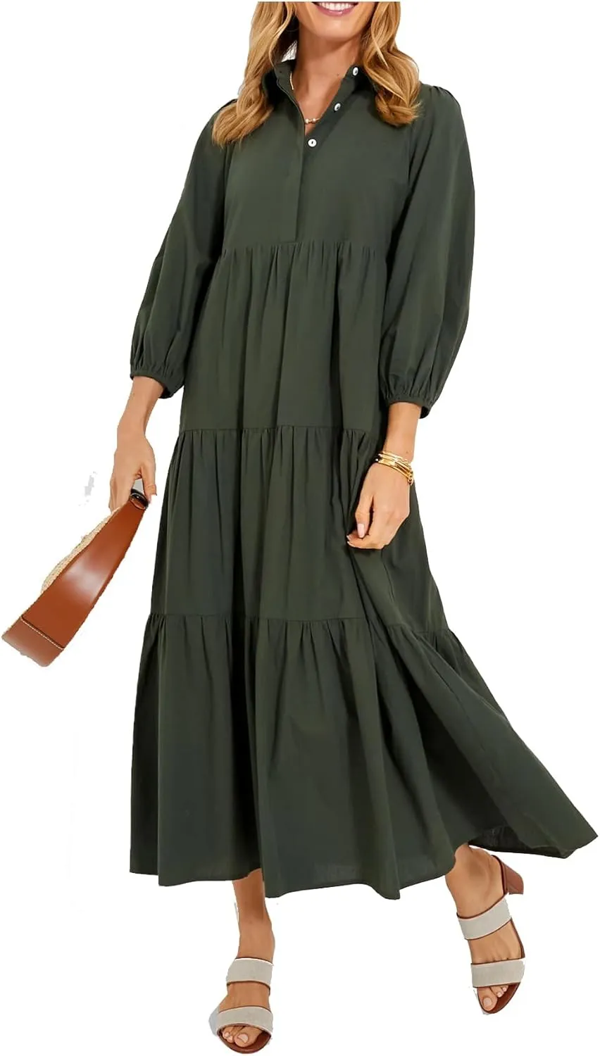 Yoolin Women Flowy Maxi Dresses Casual V Neck Smocked Tiered Babydoll Sundress Beach Long Skirt with Pockets
