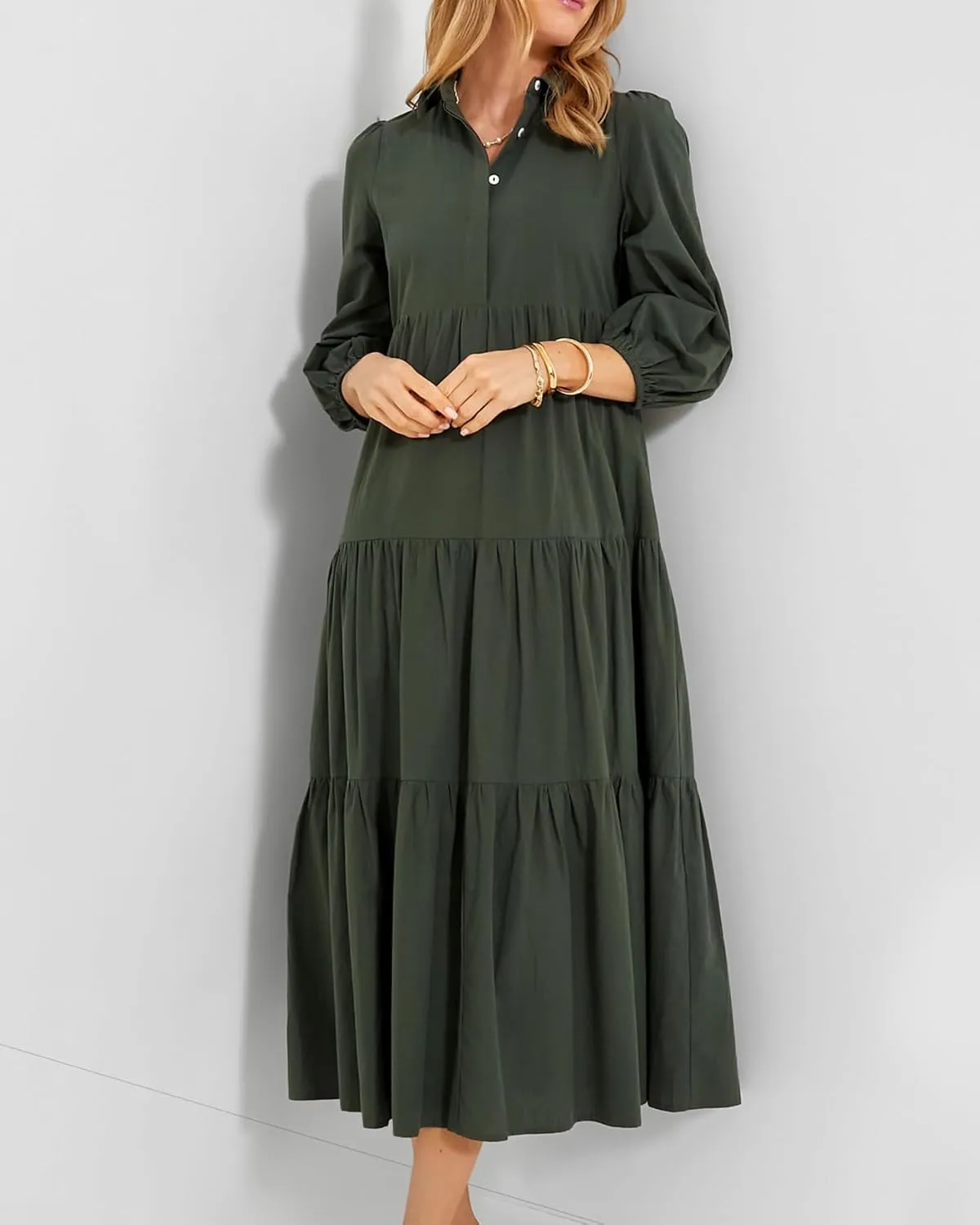 Yoolin Women Flowy Maxi Dresses Casual V Neck Smocked Tiered Babydoll Sundress Beach Long Skirt with Pockets