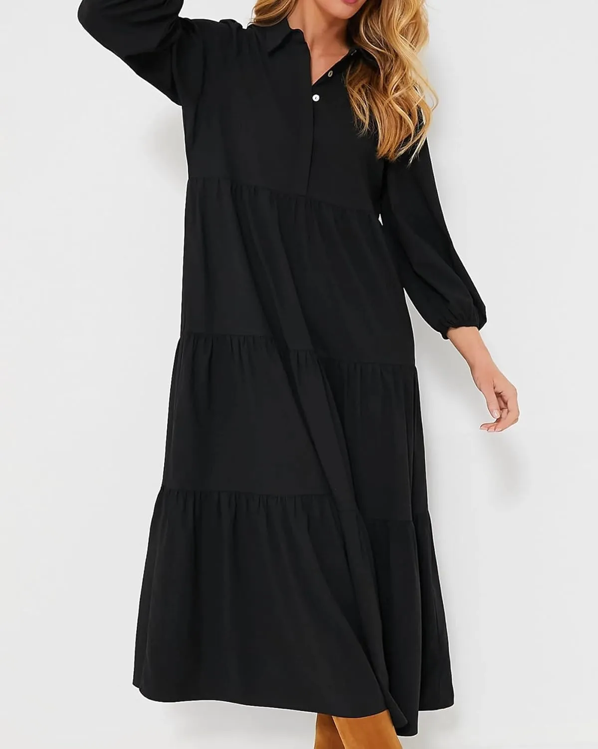 Yoolin Women Flowy Maxi Dresses Casual V Neck Smocked Tiered Babydoll Sundress Beach Long Skirt with Pockets