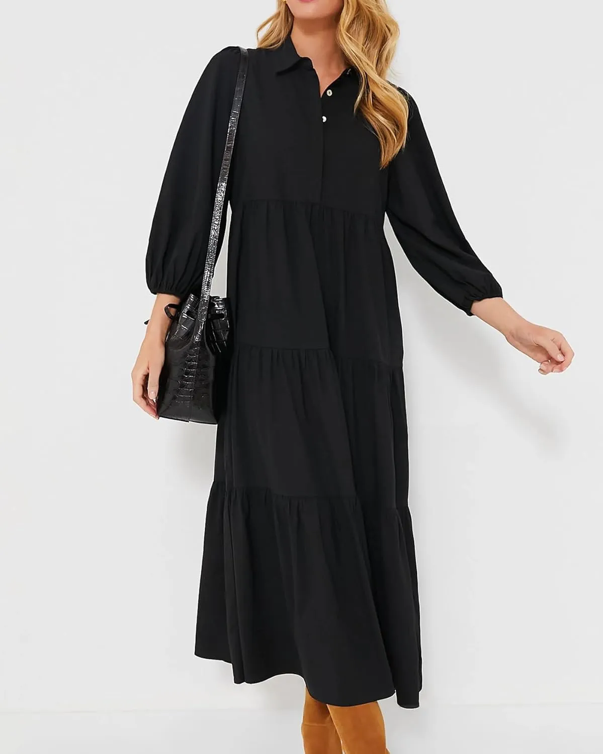 Yoolin Women Flowy Maxi Dresses Casual V Neck Smocked Tiered Babydoll Sundress Beach Long Skirt with Pockets