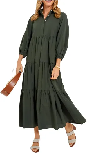 Yoolin Women Flowy Maxi Dresses Casual V Neck Smocked Tiered Babydoll Sundress Beach Long Skirt with Pockets