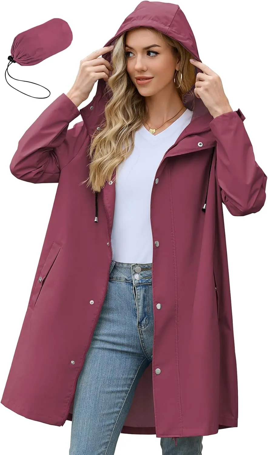 Zando Long Rain Coat for Women Packable Rain Jacket Womens Waterproof Raincoat Lightweight Hooded Windbreaker Trench Coat