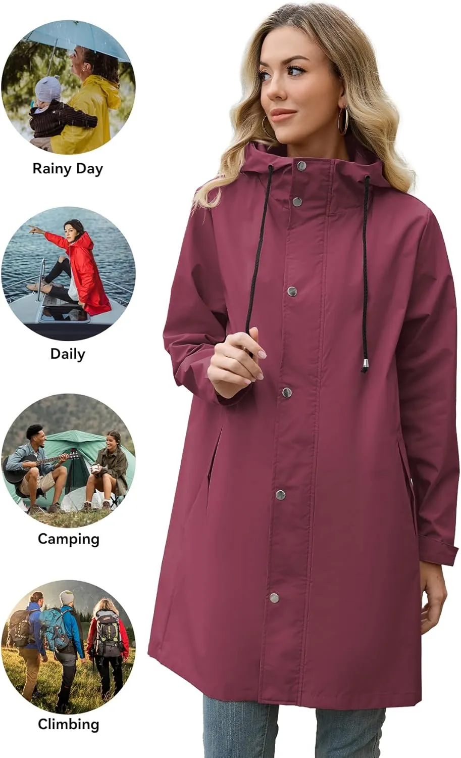 Zando Long Rain Coat for Women Packable Rain Jacket Womens Waterproof Raincoat Lightweight Hooded Windbreaker Trench Coat