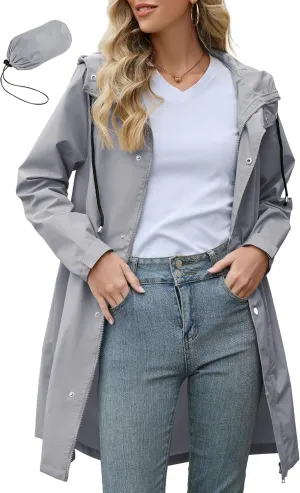 Zando Long Rain Coat for Women Packable Rain Jacket Womens Waterproof Raincoat Lightweight Hooded Windbreaker Trench Coat