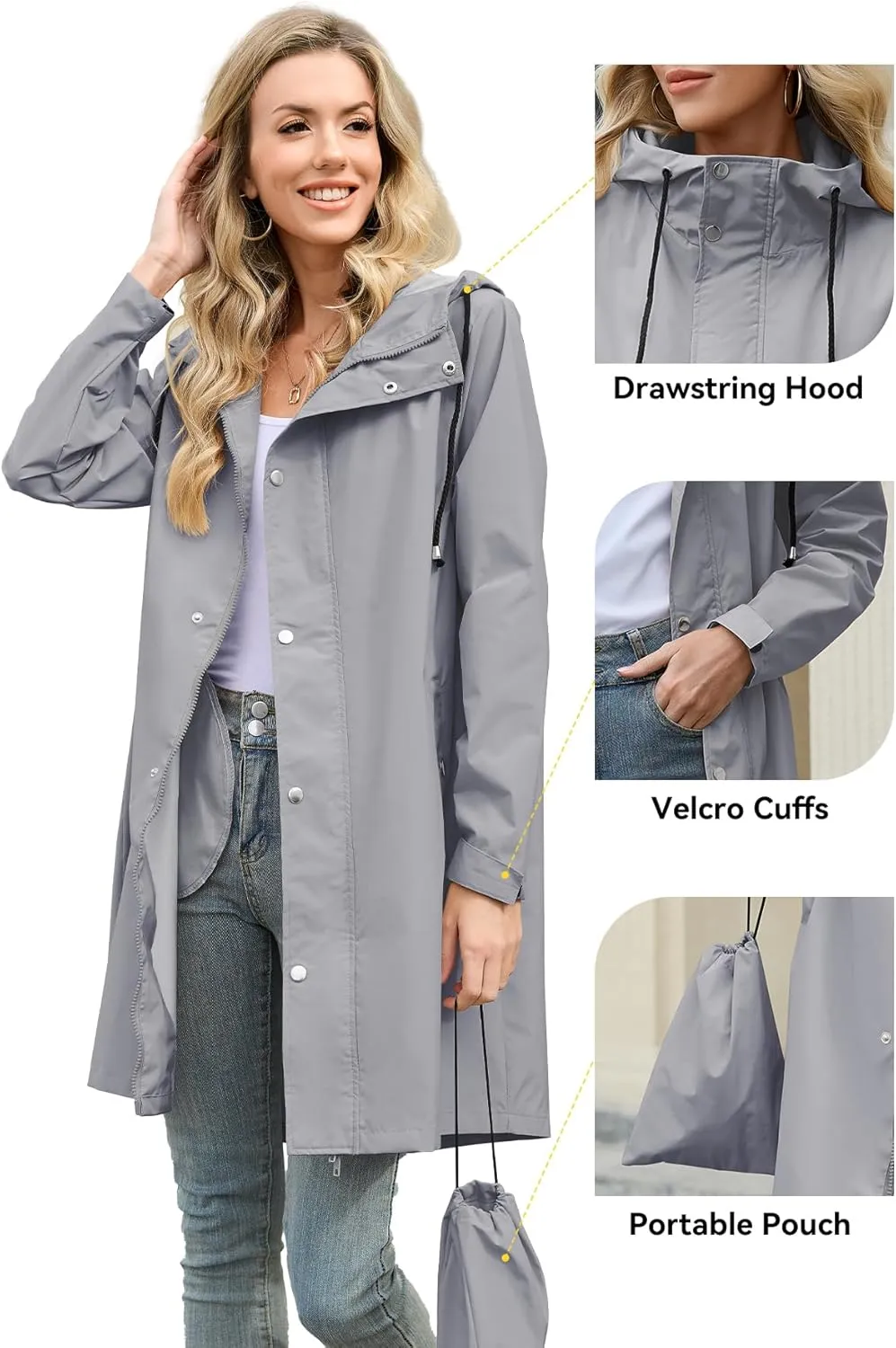 Zando Long Rain Coat for Women Packable Rain Jacket Womens Waterproof Raincoat Lightweight Hooded Windbreaker Trench Coat