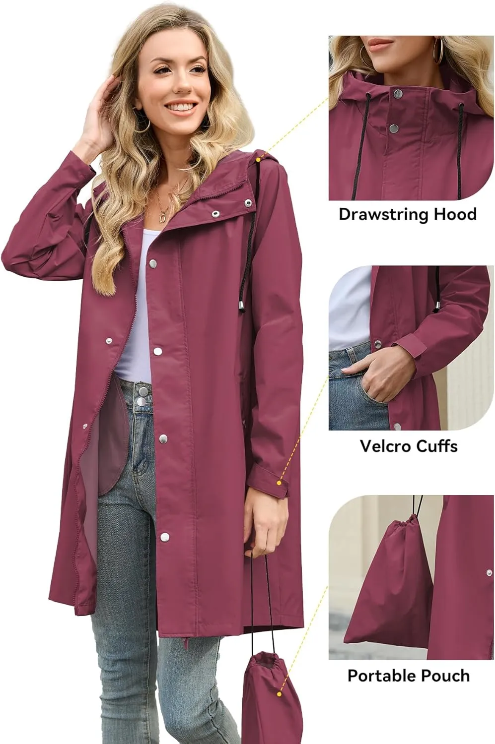 Zando Long Rain Coat for Women Packable Rain Jacket Womens Waterproof Raincoat Lightweight Hooded Windbreaker Trench Coat