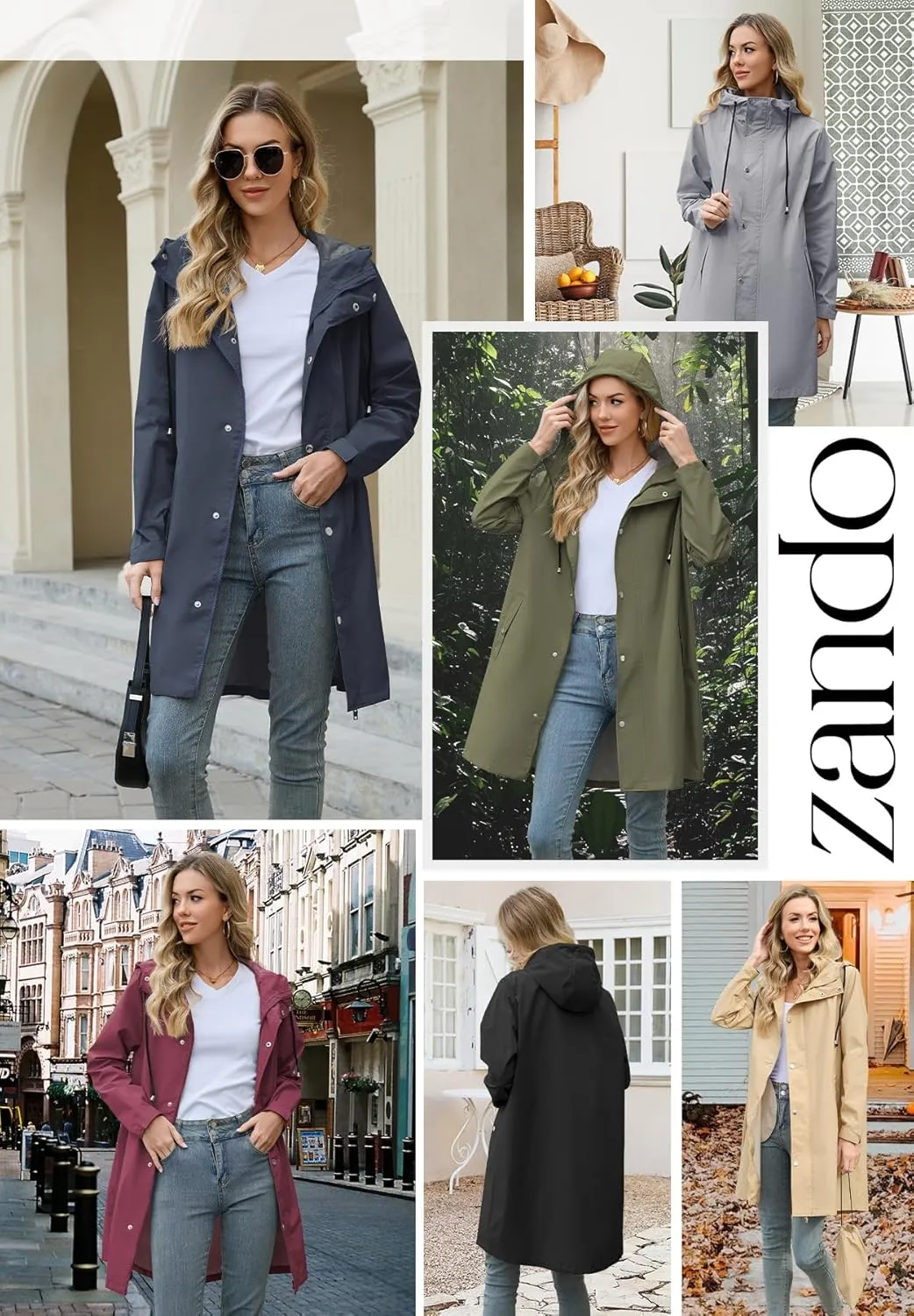 Zando Long Rain Coat for Women Packable Rain Jacket Womens Waterproof Raincoat Lightweight Hooded Windbreaker Trench Coat