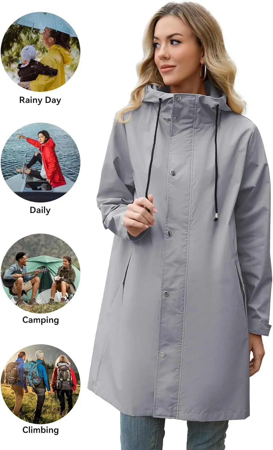 Zando Long Rain Coat for Women Packable Rain Jacket Womens Waterproof Raincoat Lightweight Hooded Windbreaker Trench Coat