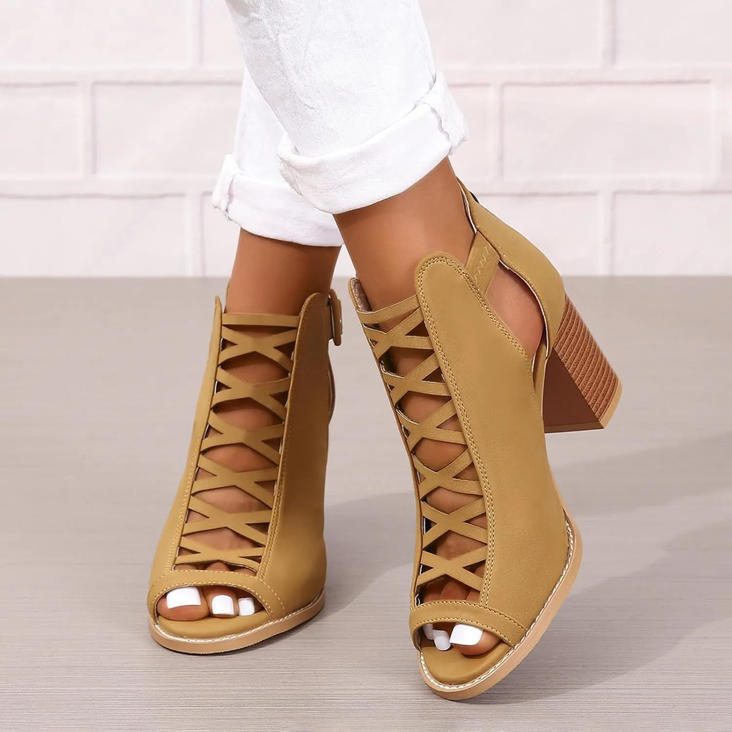ZBYY Women Platform Open Toe Sandals Crisscross Straps Back Zipper High Heel Sandal with Adjustable Ankle Strap Sandals
