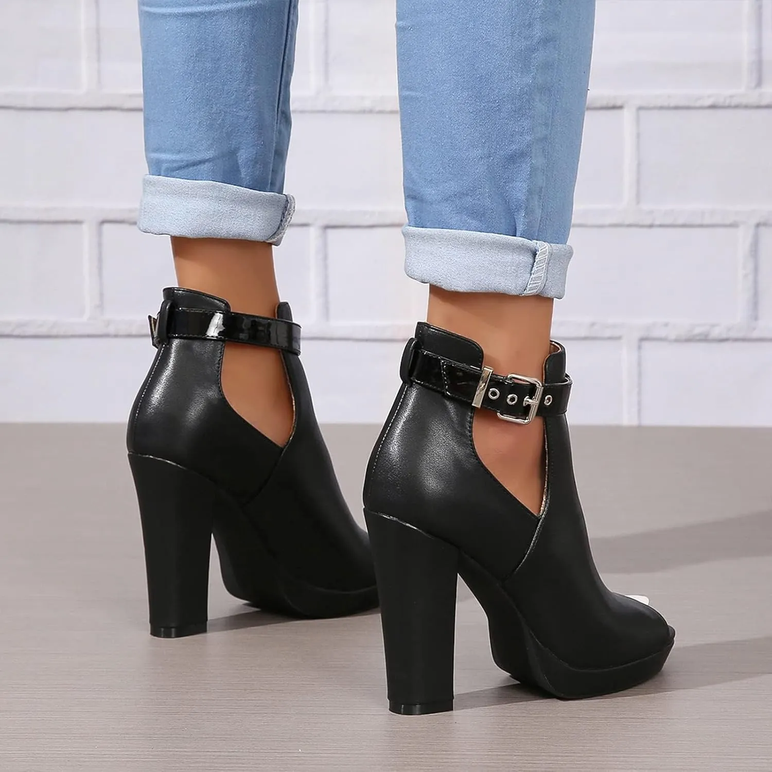 ZDLJYL Women's Open Peep Toe Booties Cutout Side Strap Mid Black Chunky Heel Fashion Ankle Bootie Summer Travel Sandals for Women