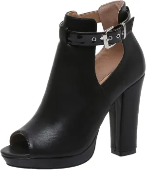 ZDLJYL Women's Open Peep Toe Booties Cutout Side Strap Mid Black Chunky Heel Fashion Ankle Bootie Summer Travel Sandals for Women