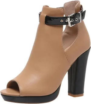 ZDLJYL Women's Open Peep Toe Booties Cutout Side Strap Mid Black Chunky Heel Fashion Ankle Bootie Summer Travel Sandals for Women