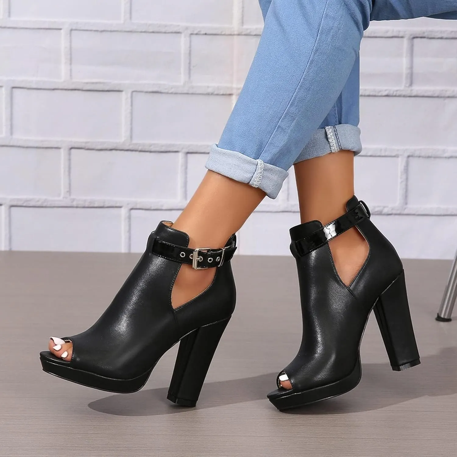 ZDLJYL Women's Open Peep Toe Booties Cutout Side Strap Mid Black Chunky Heel Fashion Ankle Bootie Summer Travel Sandals for Women