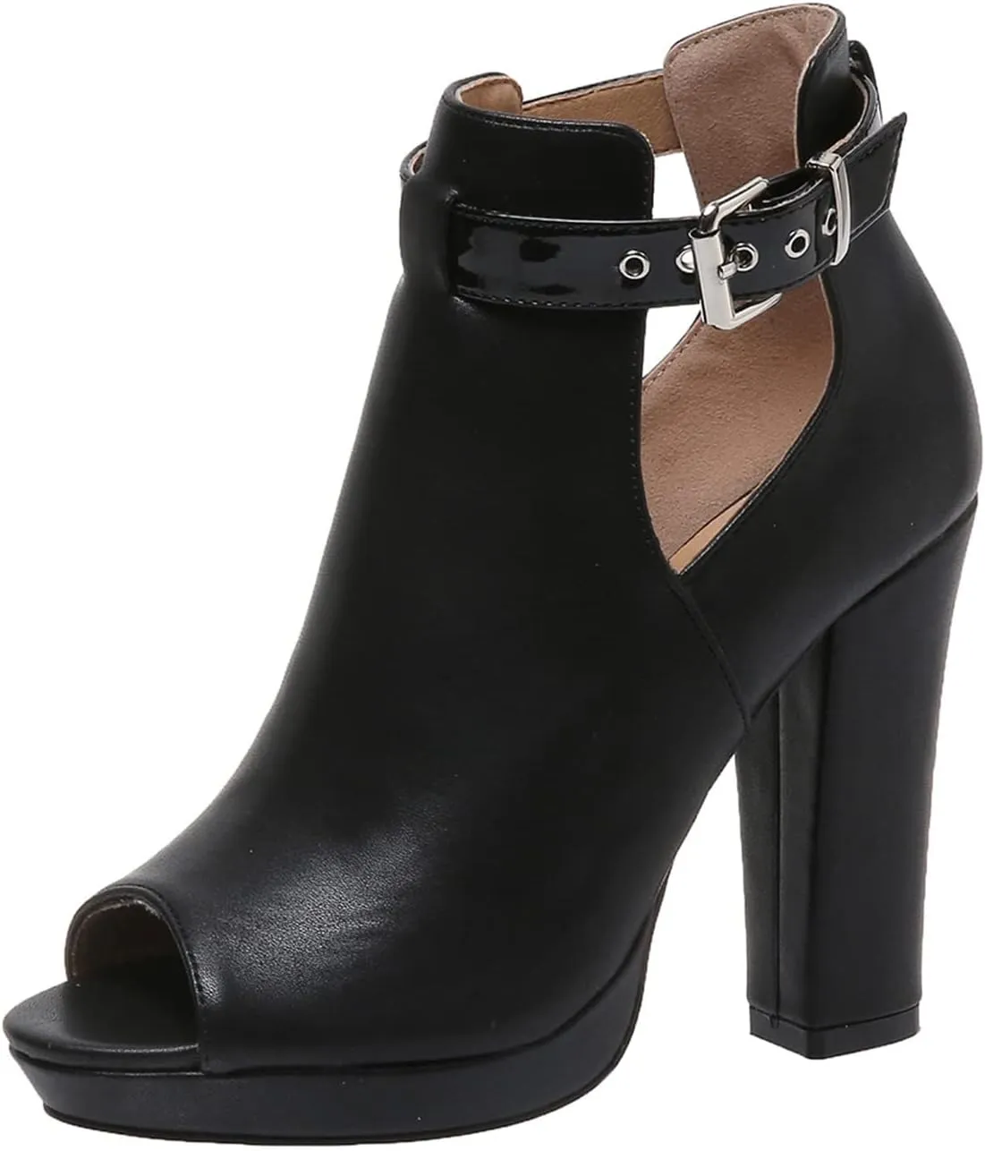 ZDLJYL Women's Open Peep Toe Booties Cutout Side Strap Mid Black Chunky Heel Fashion Ankle Bootie Summer Travel Sandals for Women