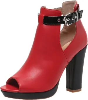 ZDLJYL Women's Open Peep Toe Booties Cutout Side Strap Mid Black Chunky Heel Fashion Ankle Bootie Summer Travel Sandals for Women