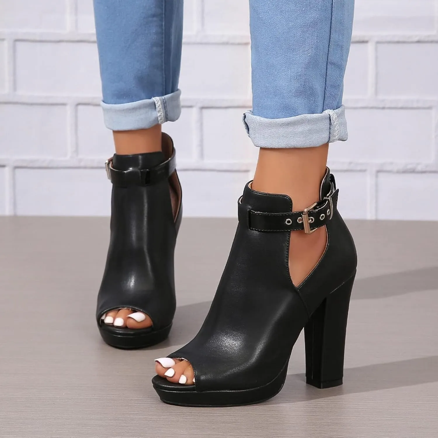 ZDLJYL Women's Open Peep Toe Booties Cutout Side Strap Mid Black Chunky Heel Fashion Ankle Bootie Summer Travel Sandals for Women