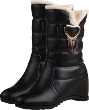 Zipper Mid Calf Snow Boots, Short Plush Lined Raw Edge Warm Straight Boots Patent Leather Dirt Resistant Women's Boots Metal Tassel Decoration Fashion Boots