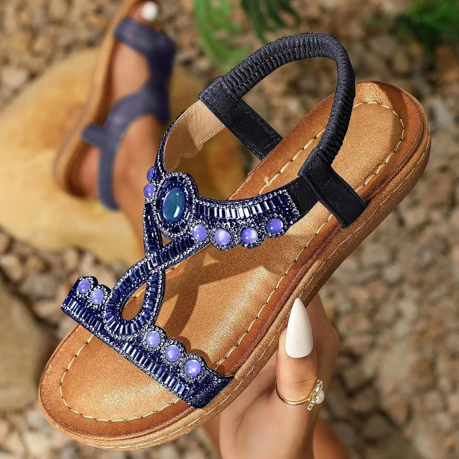 ZSpzx Summer Sandals For Women 2025,Wedge Platform Wedges Heels Comfortable T-Strap Sandal Open Toe Rhinestone Beaded Slip-On Dressy Flat Low Heel Elastic Strap Womens Beach Shoes for Daily Wear
