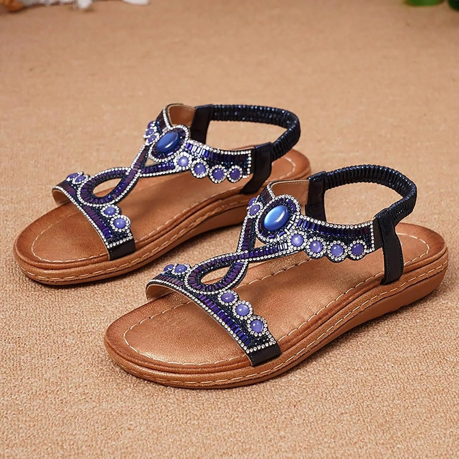 ZSpzx Summer Sandals For Women 2025,Wedge Platform Wedges Heels Comfortable T-Strap Sandal Open Toe Rhinestone Beaded Slip-On Dressy Flat Low Heel Elastic Strap Womens Beach Shoes for Daily Wear