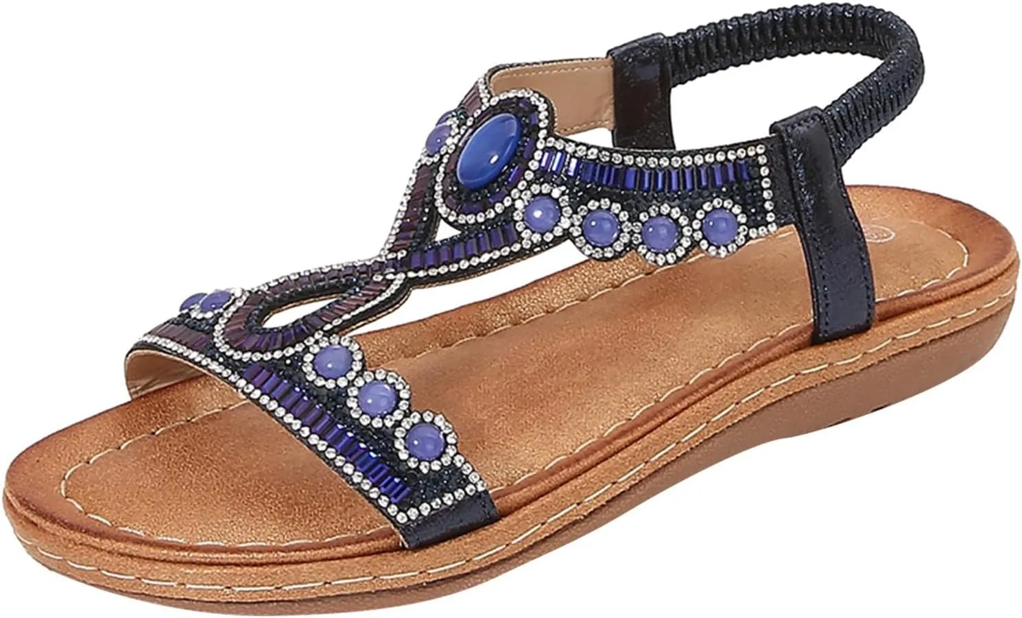 ZSpzx Summer Sandals For Women 2025,Wedge Platform Wedges Heels Comfortable T-Strap Sandal Open Toe Rhinestone Beaded Slip-On Dressy Flat Low Heel Elastic Strap Womens Beach Shoes for Daily Wear