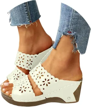 ZSpzx Wedge Sandals for Women Summer Dressy Low Heel Comfortable Flowers Hollow Out Slides Retro Soft Soled On Wedges Support Walking Arch support Casual Slip on Shoes for Daily Wear