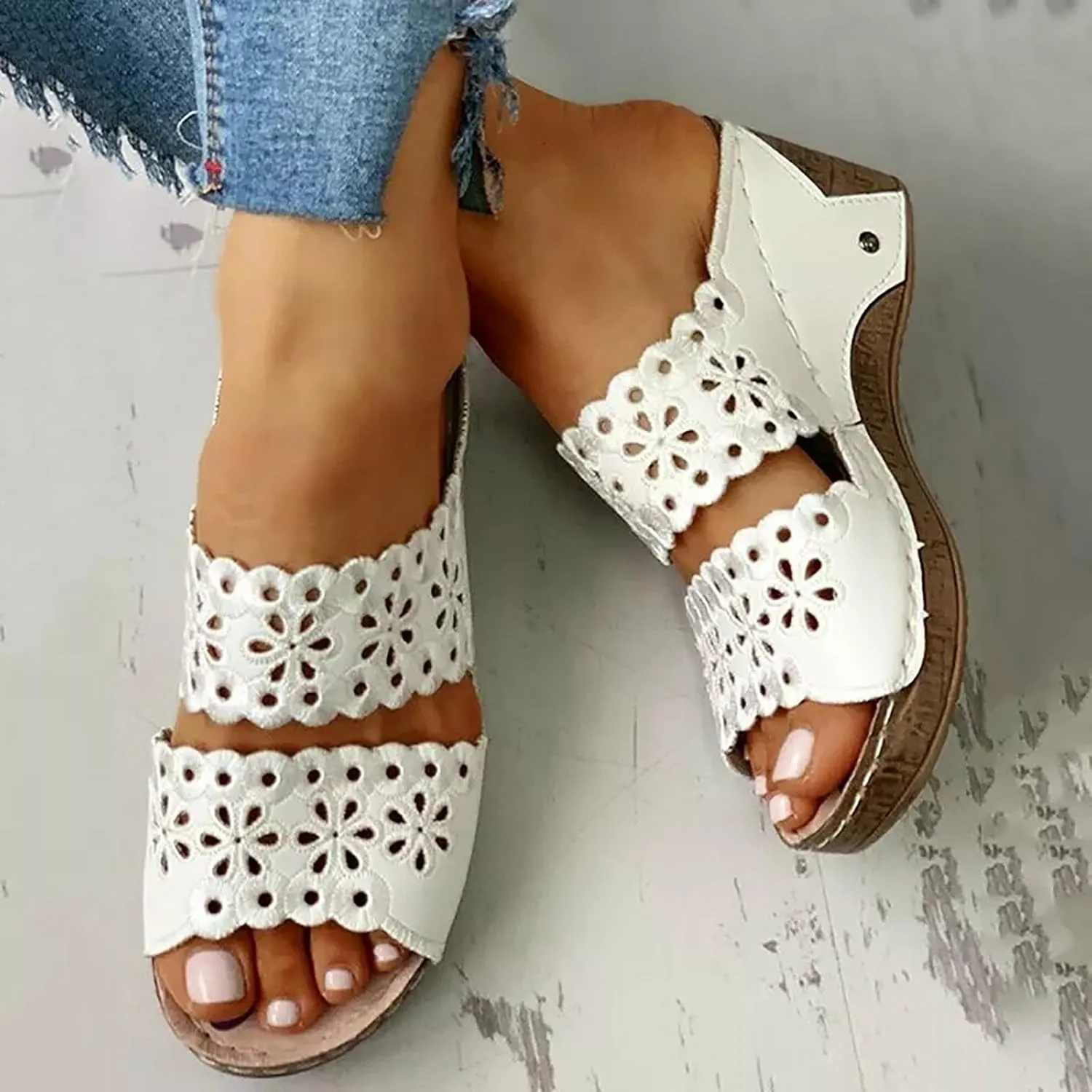 ZSpzx Wedge Sandals for Women Summer Dressy Low Heel Comfortable Flowers Hollow Out Slides Retro Soft Soled On Wedges Support Walking Arch support Casual Slip on Shoes for Daily Wear