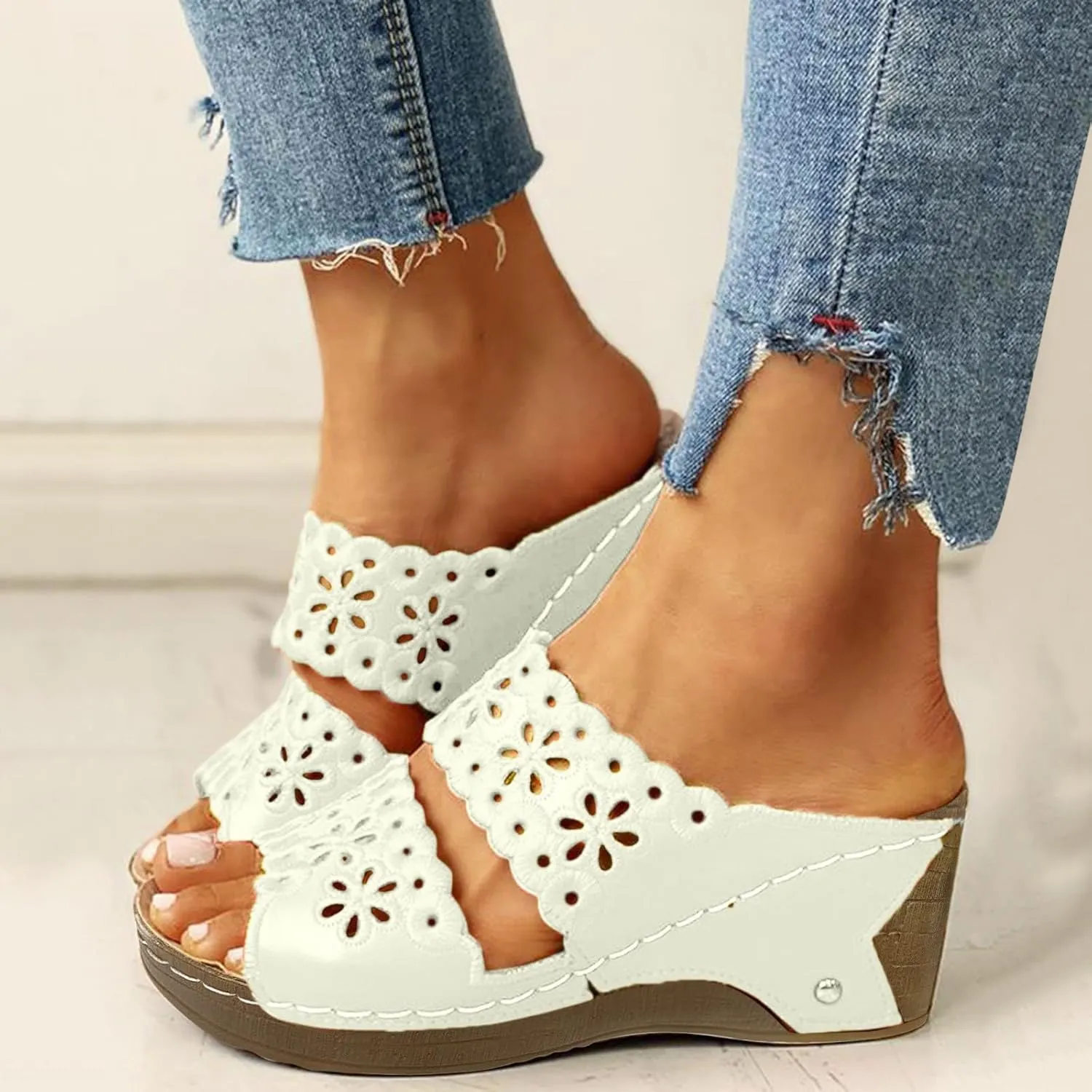 ZSpzx Wedge Sandals for Women Summer Dressy Low Heel Comfortable Flowers Hollow Out Slides Retro Soft Soled On Wedges Support Walking Arch support Casual Slip on Shoes for Daily Wear