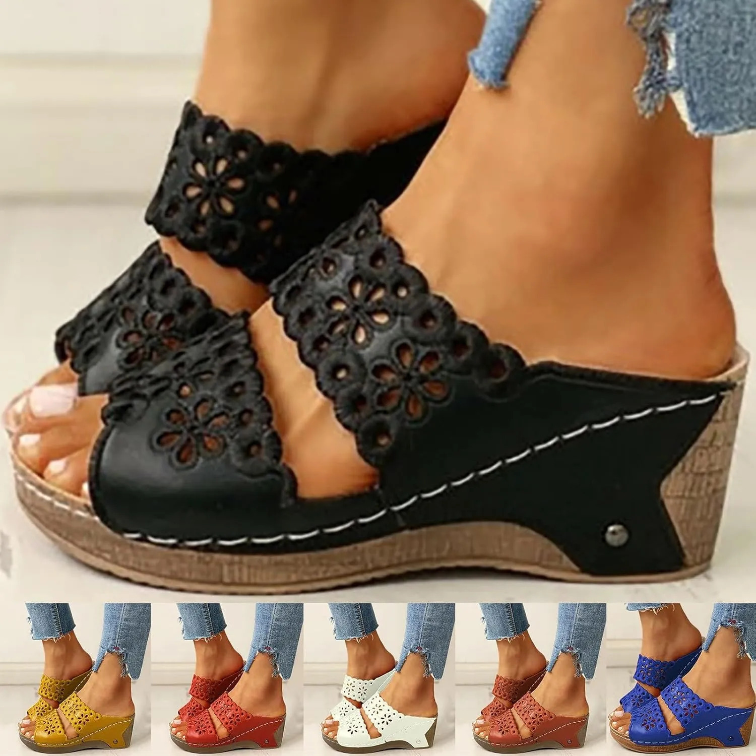 ZSpzx Wedge Sandals for Women Summer Dressy Low Heel Comfortable Flowers Hollow Out Slides Retro Soft Soled On Wedges Support Walking Arch support Casual Slip on Shoes for Daily Wear
