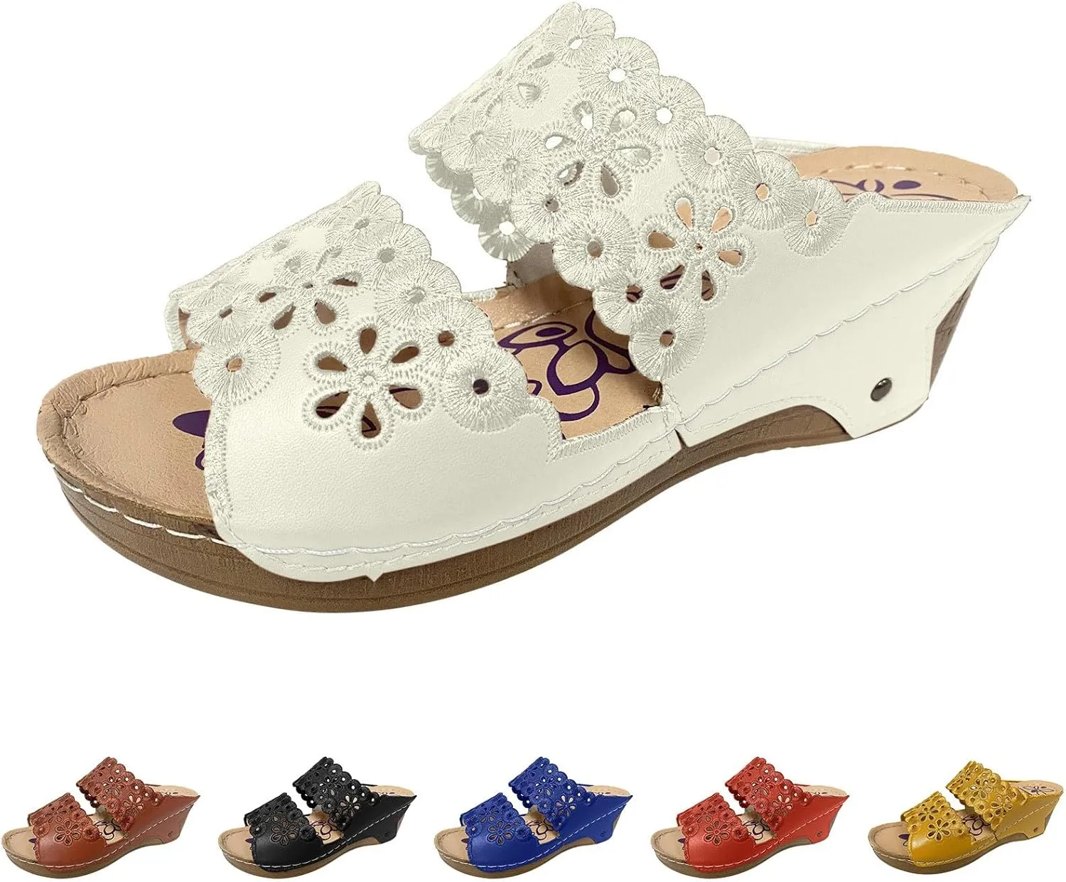 ZSpzx Wedge Sandals for Women Summer Dressy Low Heel Comfortable Flowers Hollow Out Slides Retro Soft Soled On Wedges Support Walking Arch support Casual Slip on Shoes for Daily Wear