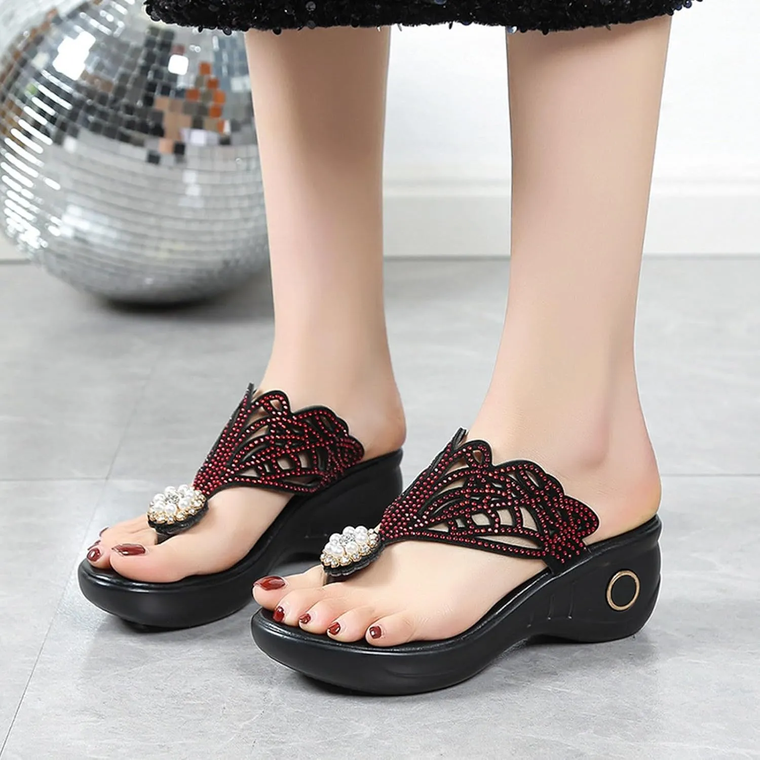 ZSpzx Women Wedge Sandals 2025,Rhinestone Flip Flops Soft Cushion Orthopedic Slides Comfortable Wedges Heel Shoes Arch Support Breathable Non-Slip Walking Footwear Peep Toe Daily Wear Indoor/Outdoor