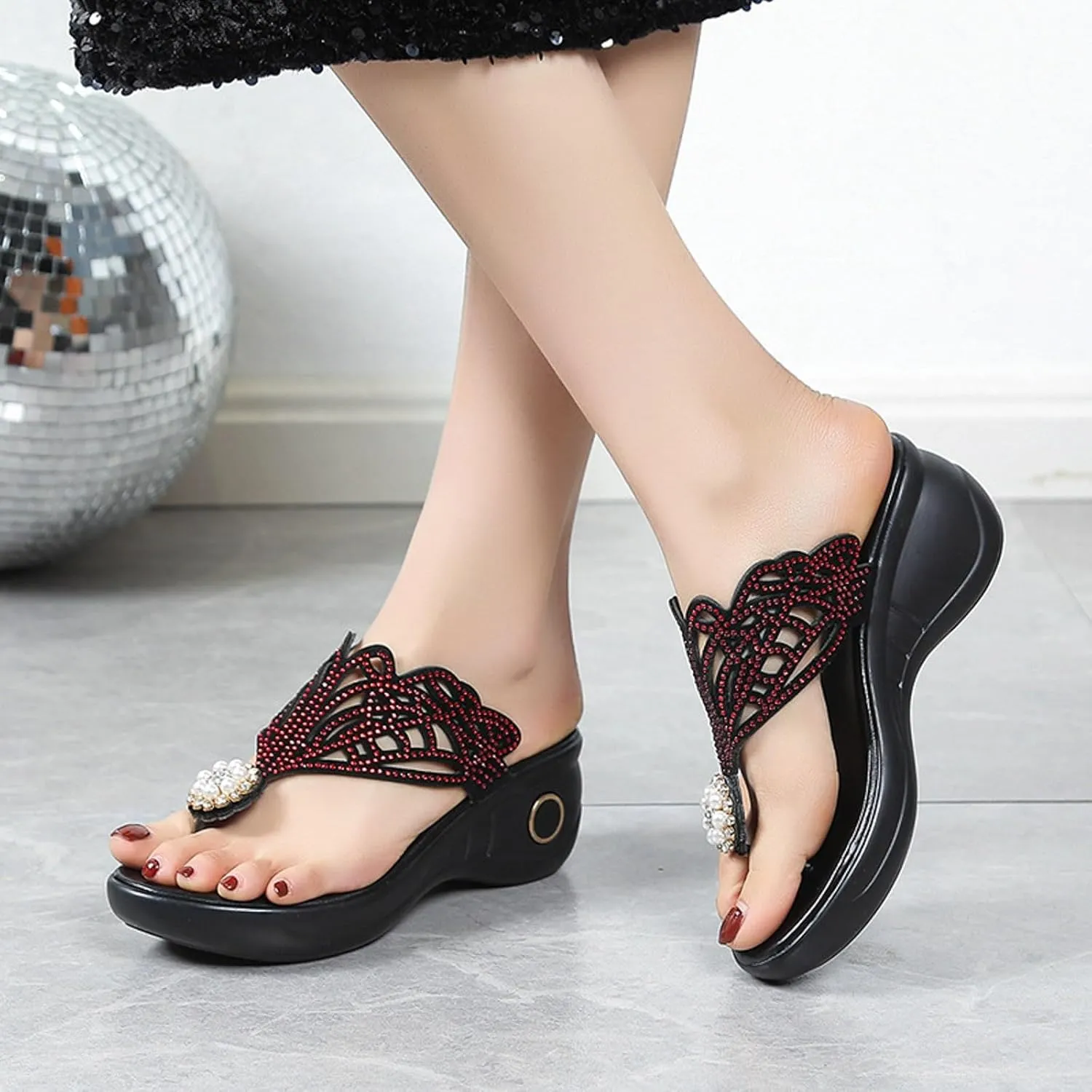 ZSpzx Women Wedge Sandals 2025,Rhinestone Flip Flops Soft Cushion Orthopedic Slides Comfortable Wedges Heel Shoes Arch Support Breathable Non-Slip Walking Footwear Peep Toe Daily Wear Indoor/Outdoor
